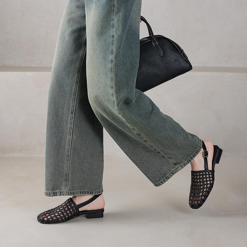 French Woven Cut-Out Chunky Low Heel Closed-Toe Sandals for Women - Summer Versatile Single Strap Round Toe Backless Shoes