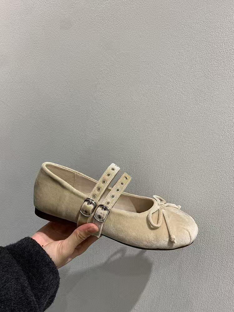 French Soft-soled Velvet Fashion Absolute Child One-word Belt Mary Jane Shoes Women's Early Spring Meeting Fairy Bow Single Shoes