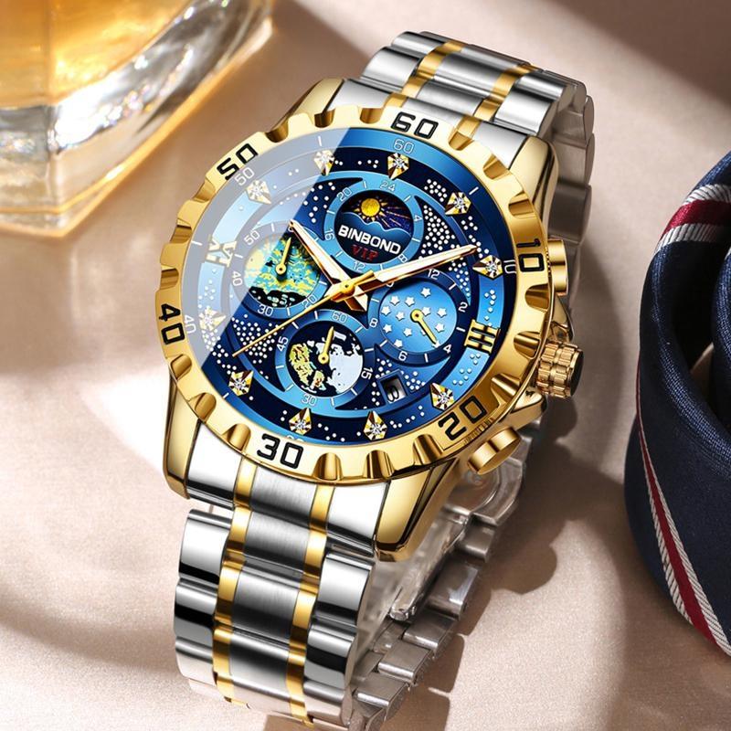 Zegarek Męski Biznesowy Stalowy Pasek Gwieździste Niebo Obraz Olejny Wodoodporny Podświetlenie Nocne Kalendarz Męski Modny Zegarek Kwarcowy