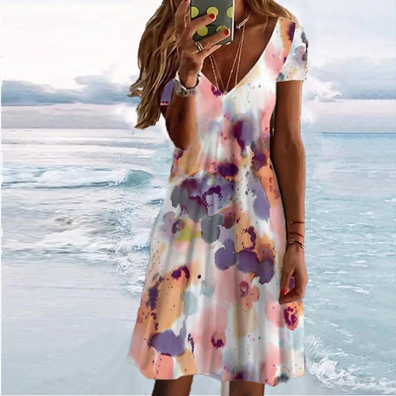 Sommermode Damen V-Ausschnitt Kurzarm Schöne Blumen bedrucktes Kleid Sex Kurzer Rock Kleider