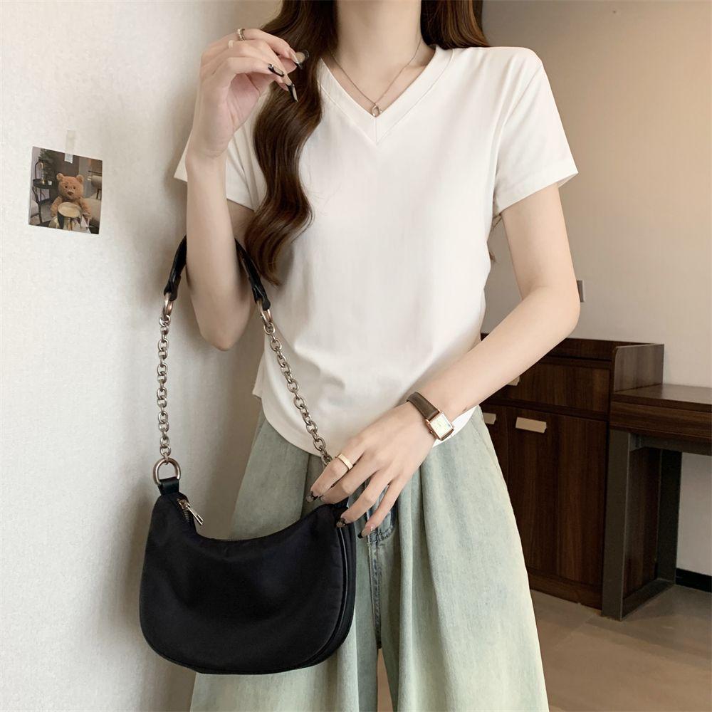Korean Style Slimming Summer V-Neck Ruched Waist Short Sleeve T-Shirt for Women