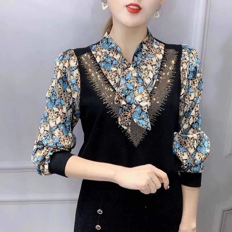 Bedrucktes Oberteil für Damen, langärmelig, für Frühling und Herbst, T-Shirt mit V-Ausschnitt, Chiffon-Hemd, lockeres Hemd