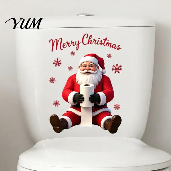 Holiday Theme Interior Styling Santa Claus Toilet Sticker, Waterproof PVC Christmas Bathroom Decal for Self Adhesive Signs Home Decoration, Removable