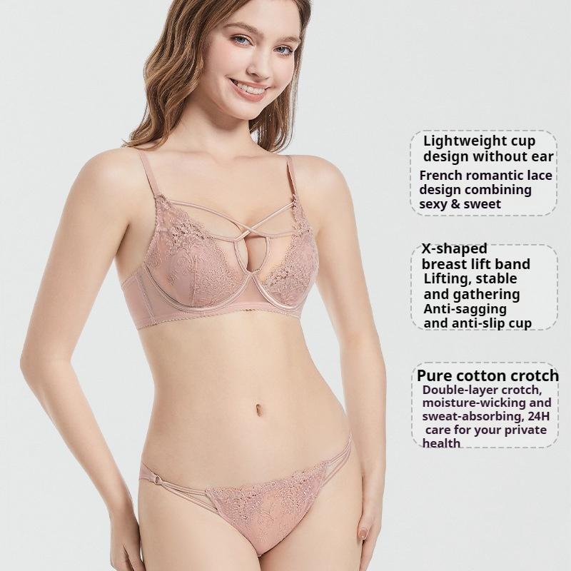 French Embroidered Sexy Lace Bunny Ears Underwear Set Breathable Large Breasts Small Gathered Bra for Women