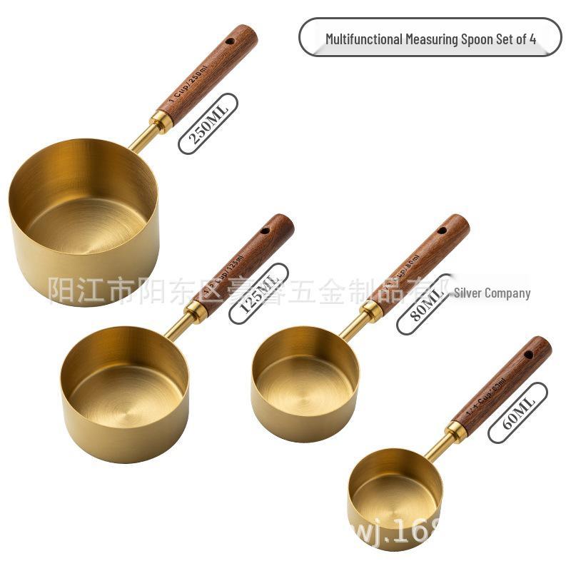 8-Piece Stainless Steel Measuring Cup & Spoon Set with Wooden Handle for Coffee & Grams