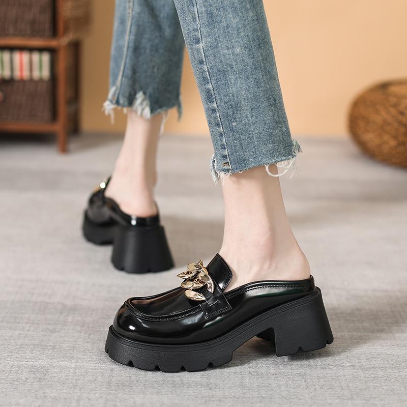 Leather Half Slippers Women's Outer Wear Summer New Fashion Chain Bag Head Cool Slippers Thick Heel Platform Shoes