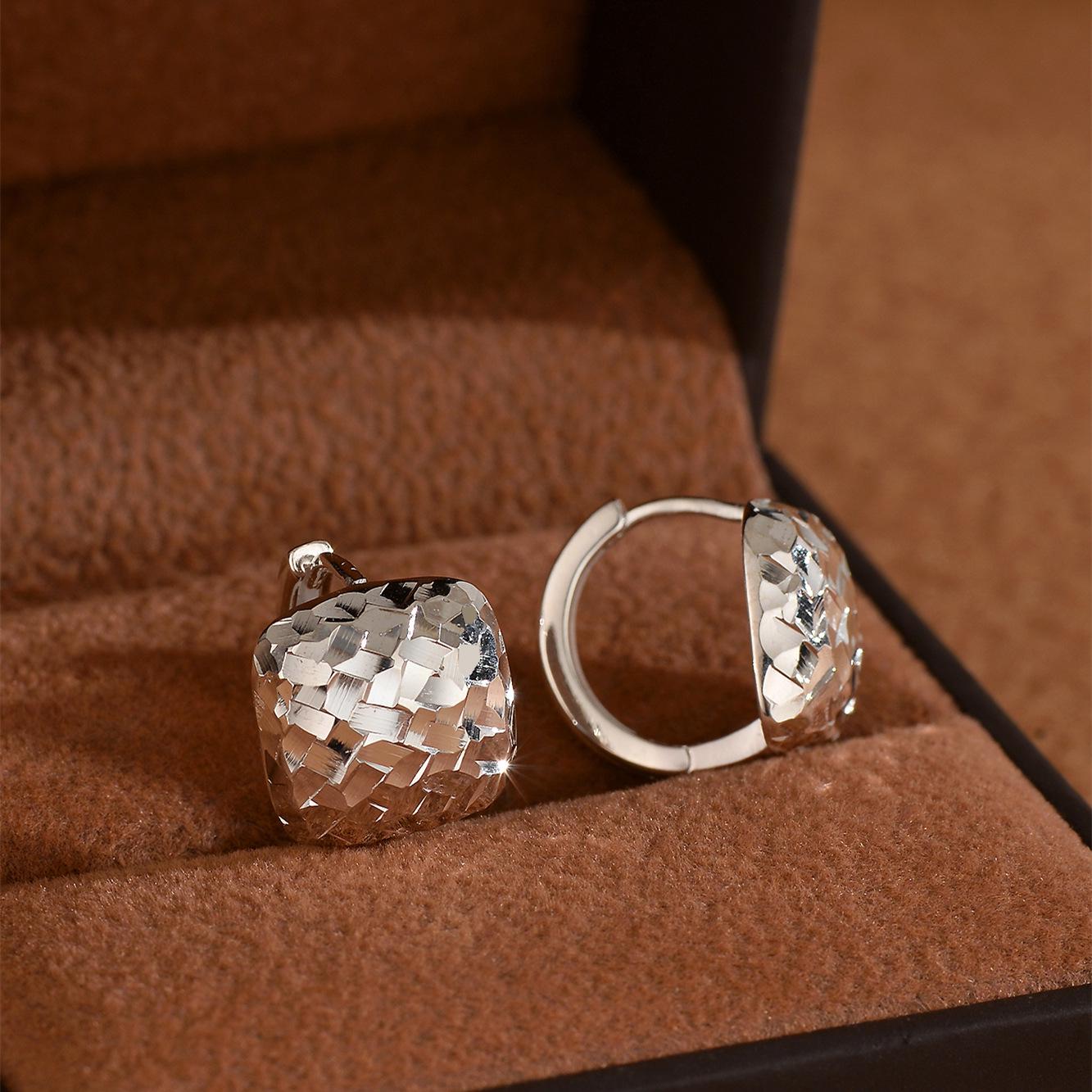 S925 Sterling Silver Crushed Ice Geometric Square Stud & Dangle Earrings - European & American Old Money Style Fashion Statement S925 Sterling Silver