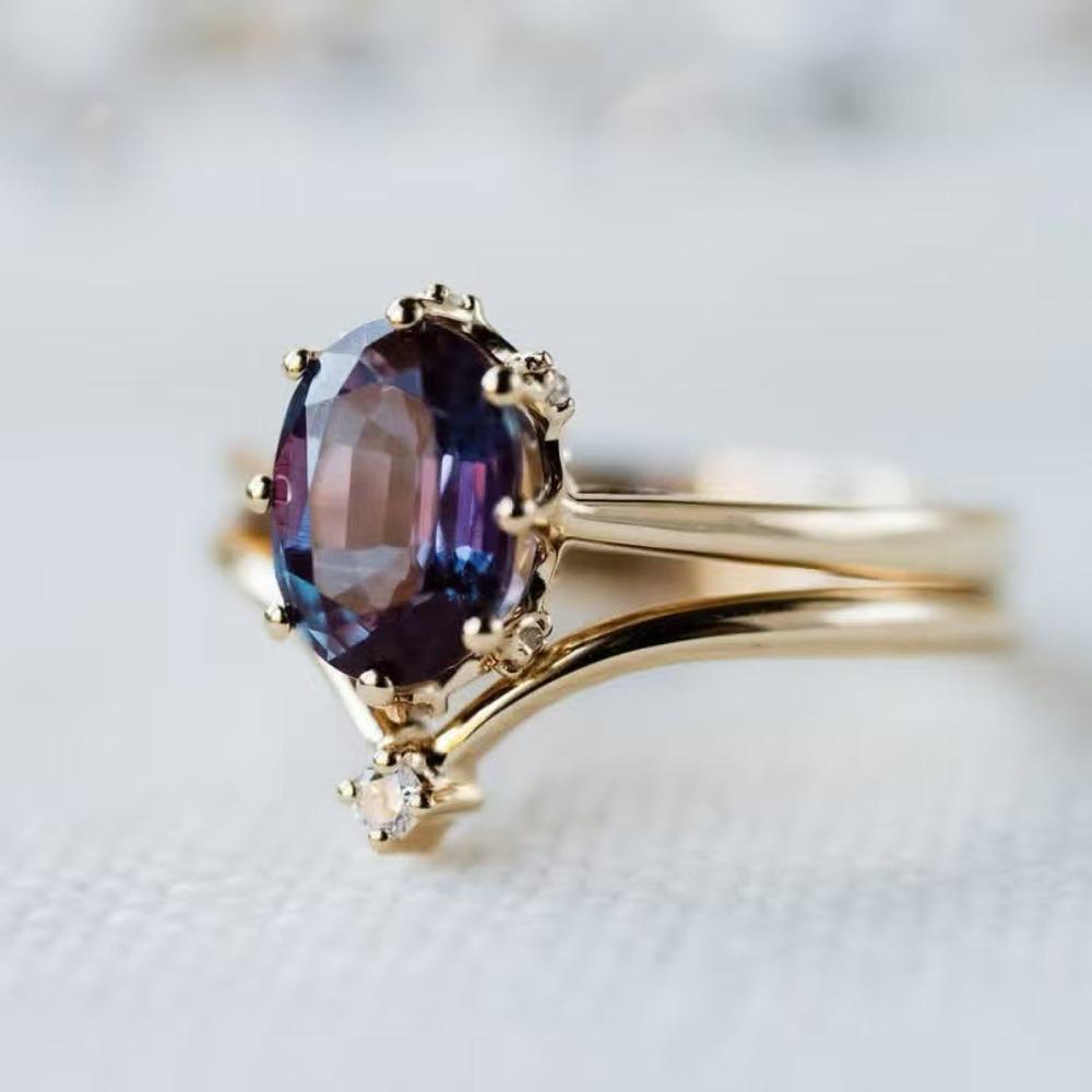 Luxury Jewelry Source, Super Simple Fashion Women's Pair Ring Inlaid with Amethyst Gold-plated Ins Jewelry