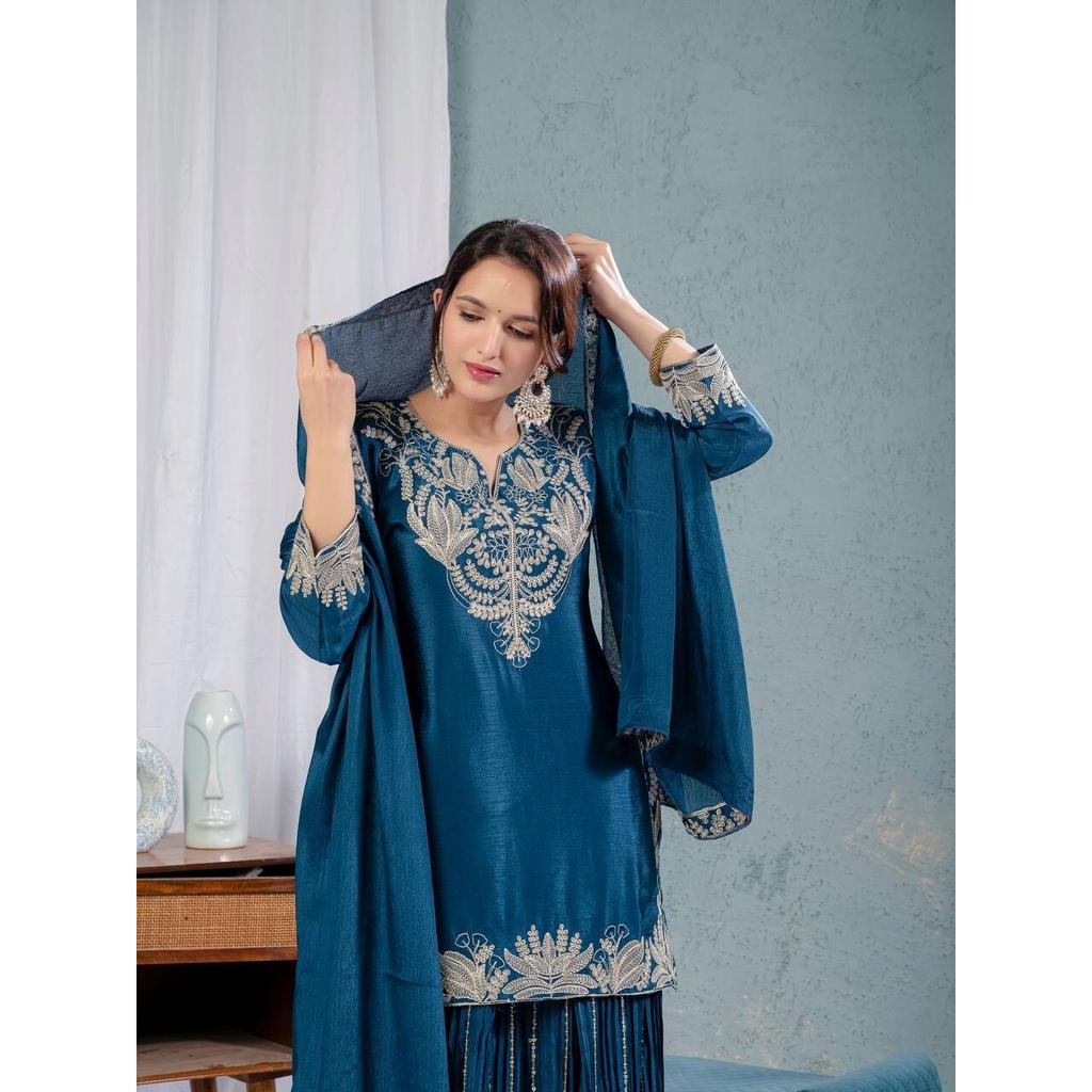 INDIAN PAKISTANI CHINNON SILK SHARARA SALWAR KAMEEZ SET WOMEN PARTY WEAR ETHNIC VFP-1886a