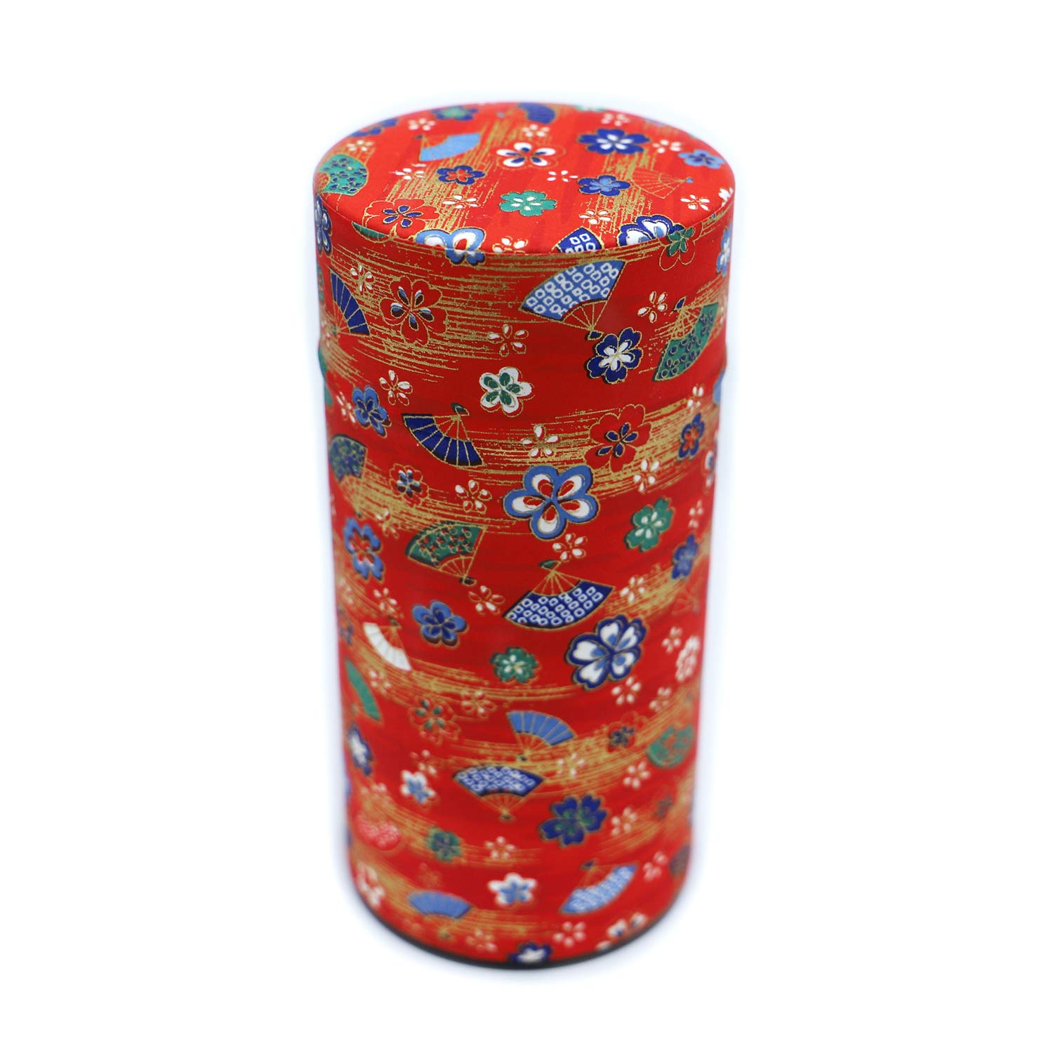 

Kyoto Katsugu Japanese Paper Tea Made in Japan Red with Plum and Cherry Blossom Fan Canister, (Dark Gold)