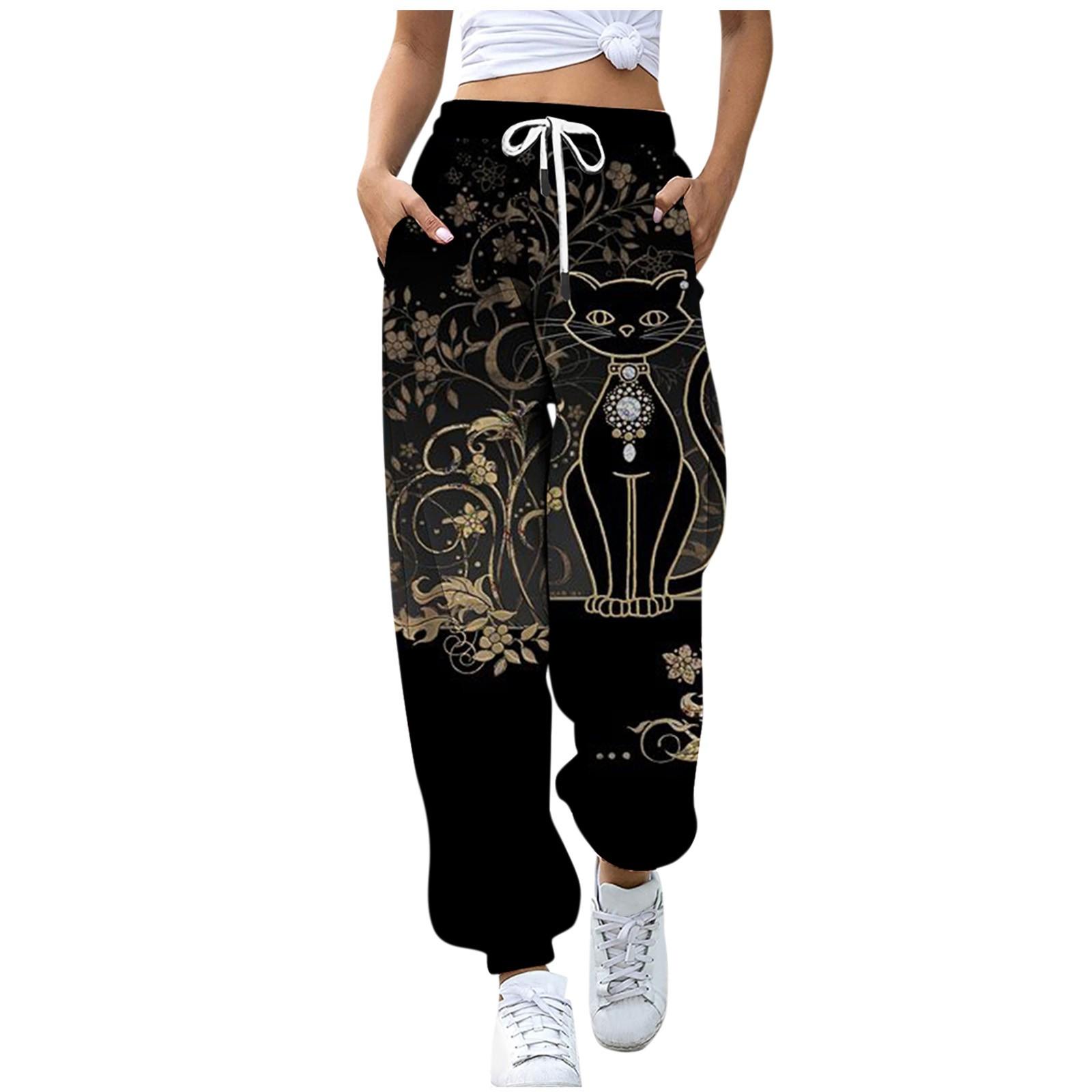 

Женские повседневные брюки с принтом и эластичной резинкой на талии, брюки с карманами S чёрный