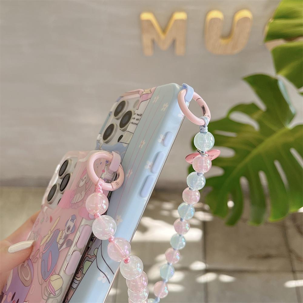 For iPhone 16 Pro Case IMD Cartoon Pattern TPU Phone Cover with Beaded Strap