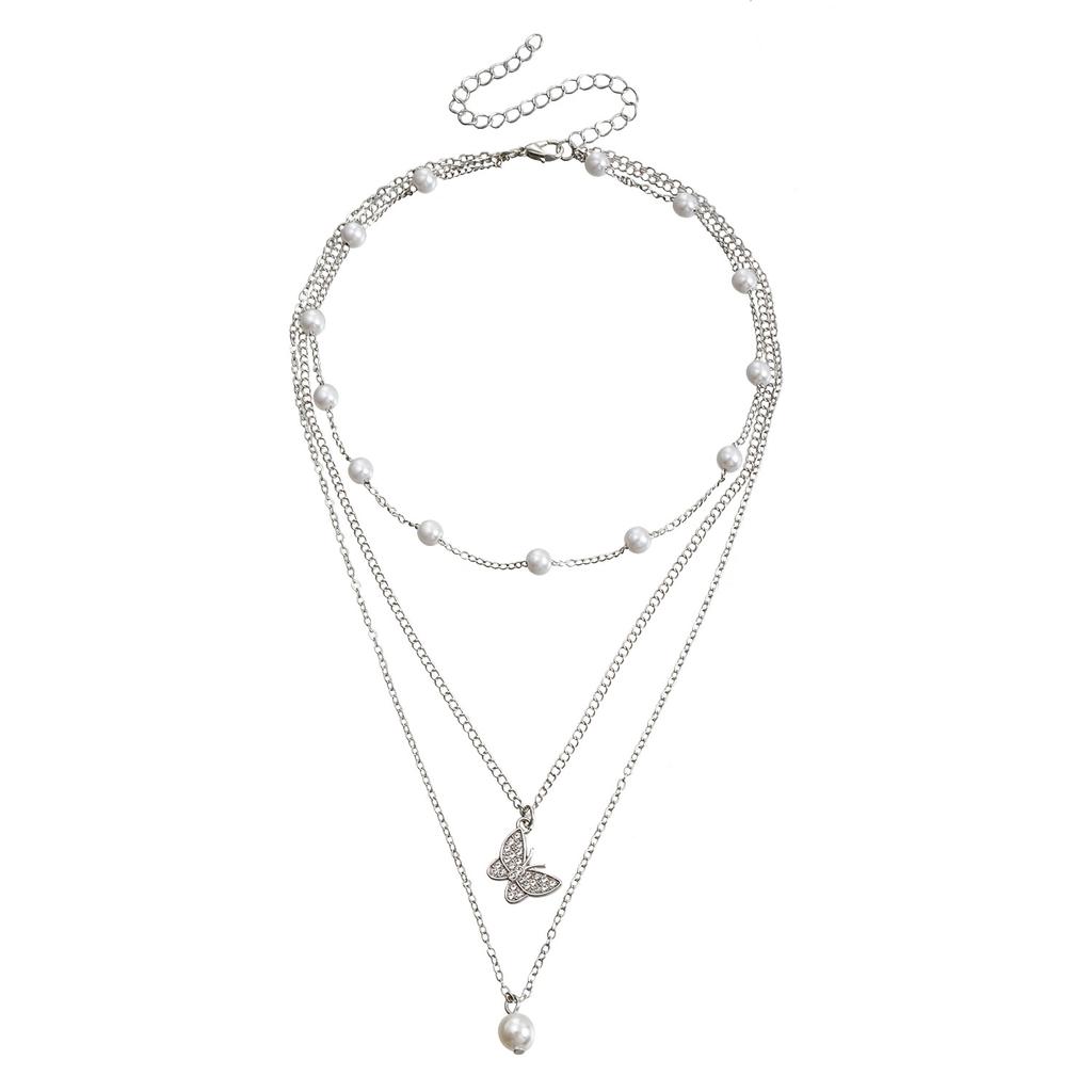 Stylish Multi-layer Imitation Pearl Creative Diamond-encrusted Butterfly Necklace, Retro Collarbone Stacked Necklace