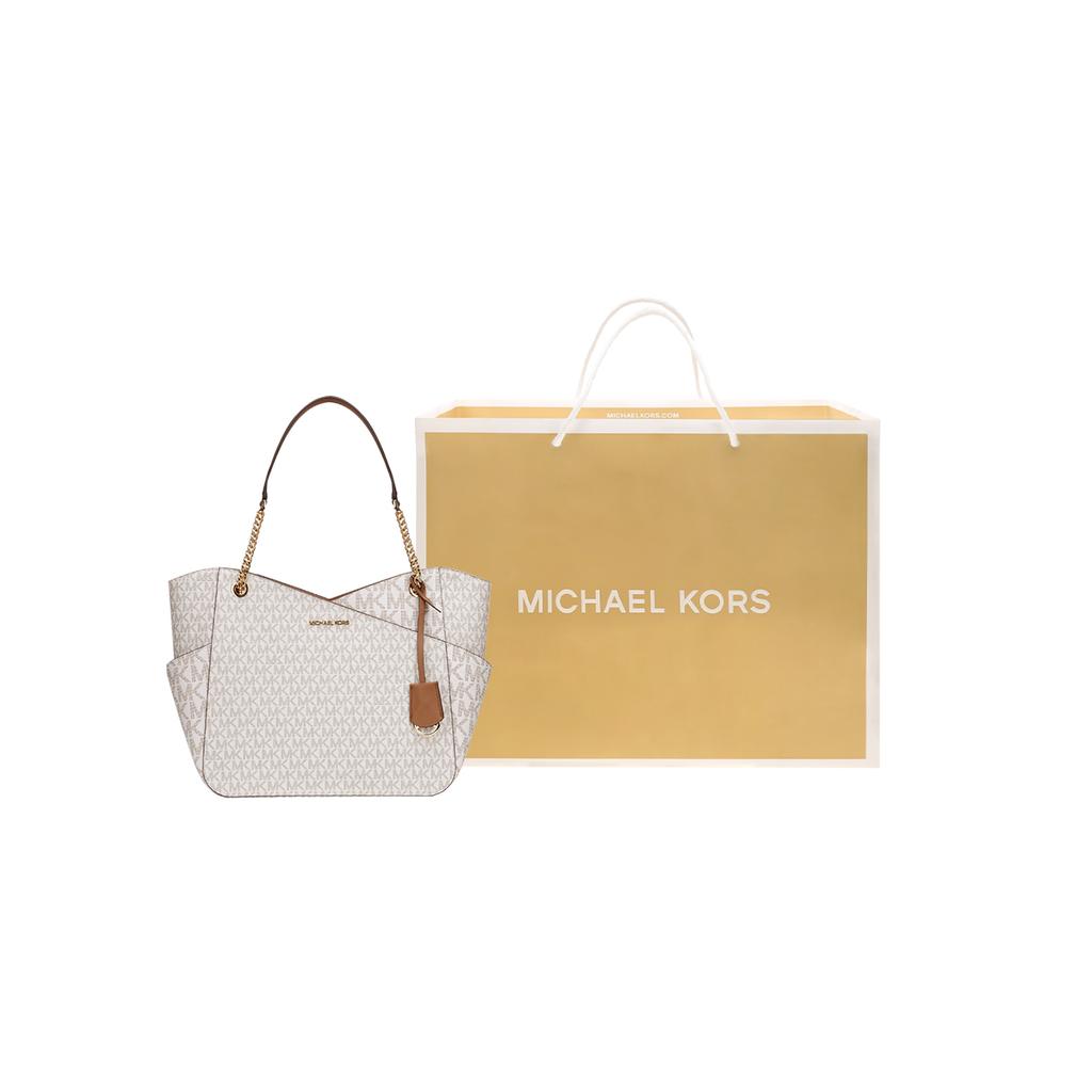 Michael Kors MK Jet Set Chain Logo Pendant Large Capacity Canvas Shoulder Bag Women Shoulder Bag Vanilla-White 35F1GTVT3B-VANILLA