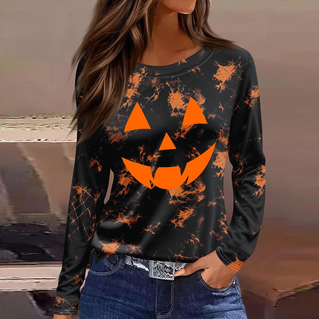 Women's Long Sleeve Halloween Print Top with Round Neck and Side Slit Hem
