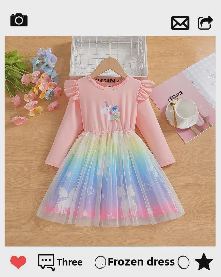 Rochie din plasă prințesă unicorn de toamnă 2025 pentru fete - design de desene animate cu zâne la modă pentru copii mici