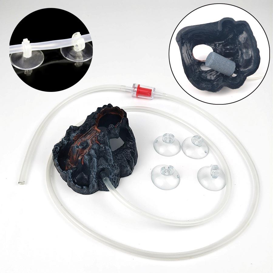 1 Sett Akvarium Fisketank Dekor Vulkanform Luftboblestein Oksygenpumpe Dekorasjon Skjulested Fiskegrotte Resin Ornamenter