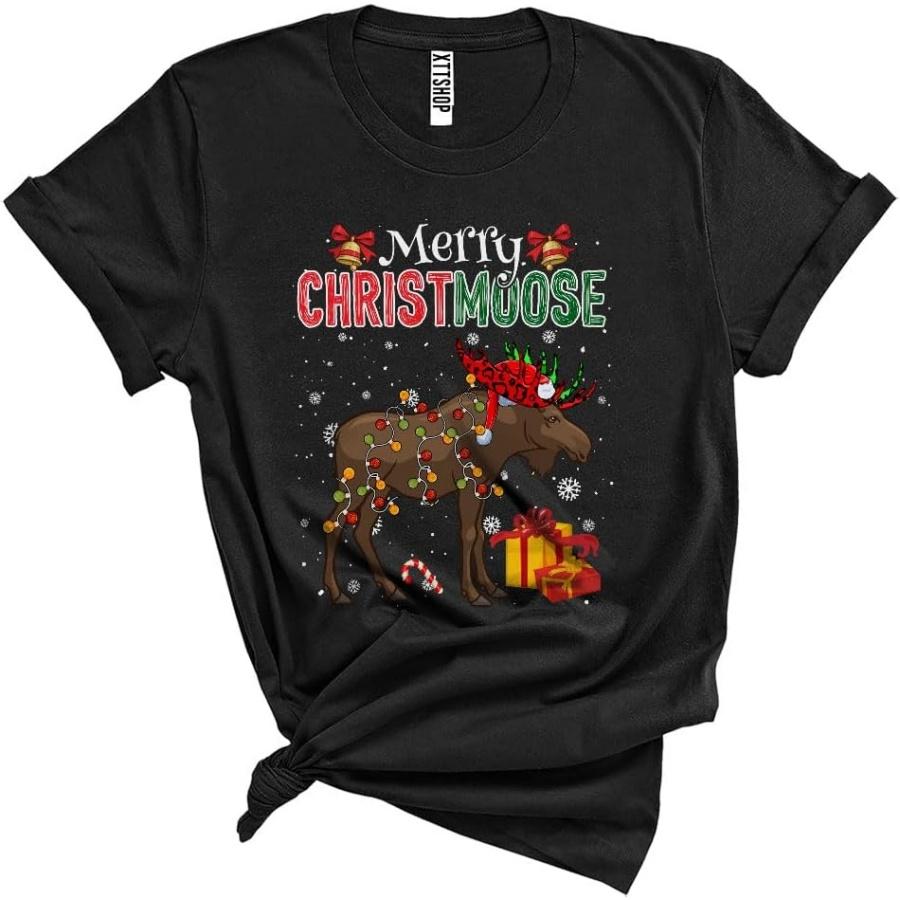 CUTEBUNNYSTORE Merry Christmoose Adorable Cool Christmas Moose Plaid Santa Reindeer Moose Xmas Lights Unisex T-Shirt Black XXXXXL