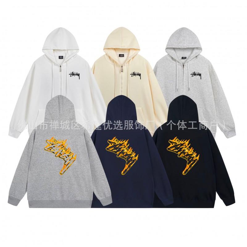 Stu Unisex Hooded Zip-Up Sweatshirt With Letter Print Fleece-Lined Oversized Fit Winter Casual Wear
