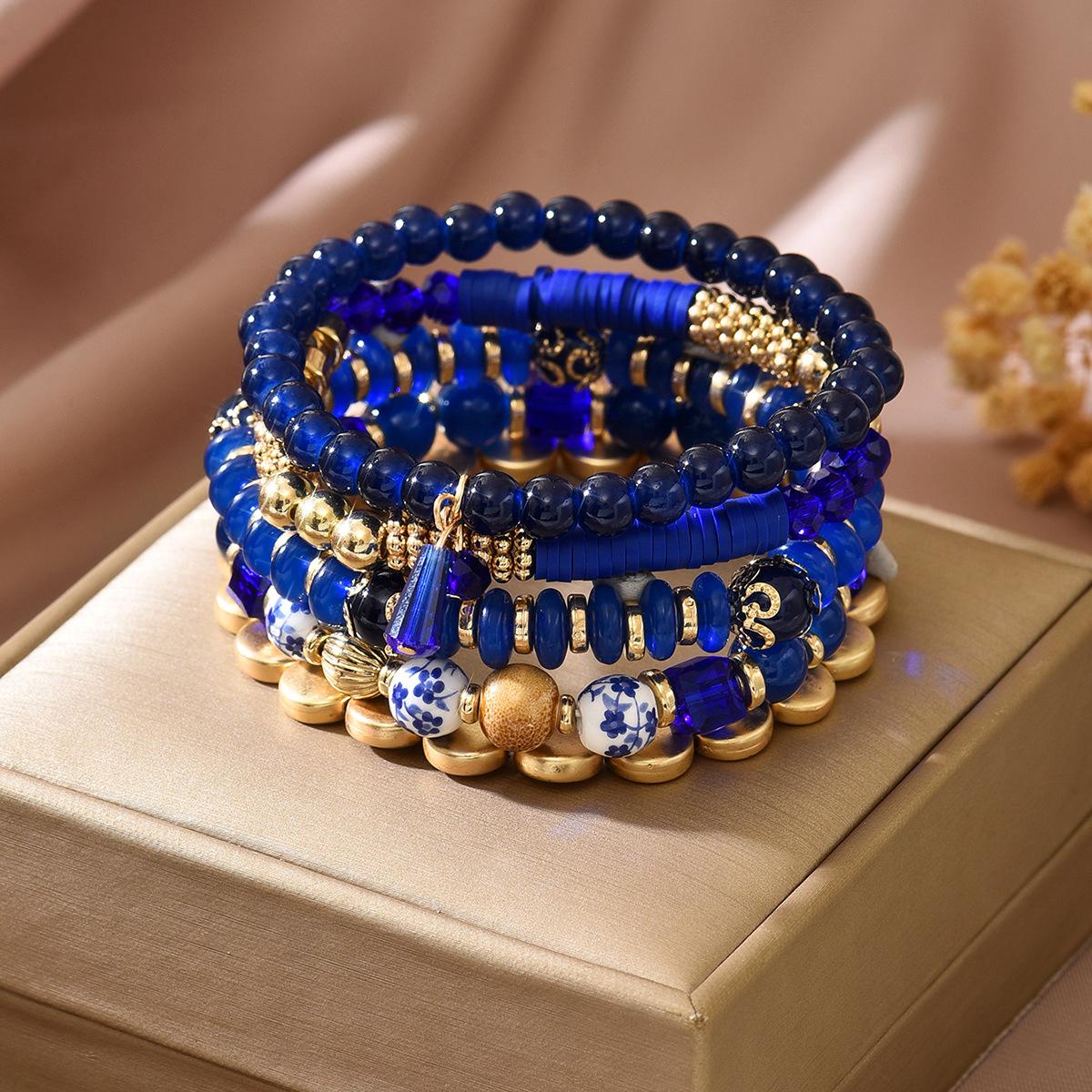 Bohemian Crystal Multi-layer Beaded Elastic Bracelet - European & American Jewelry Accessory синий