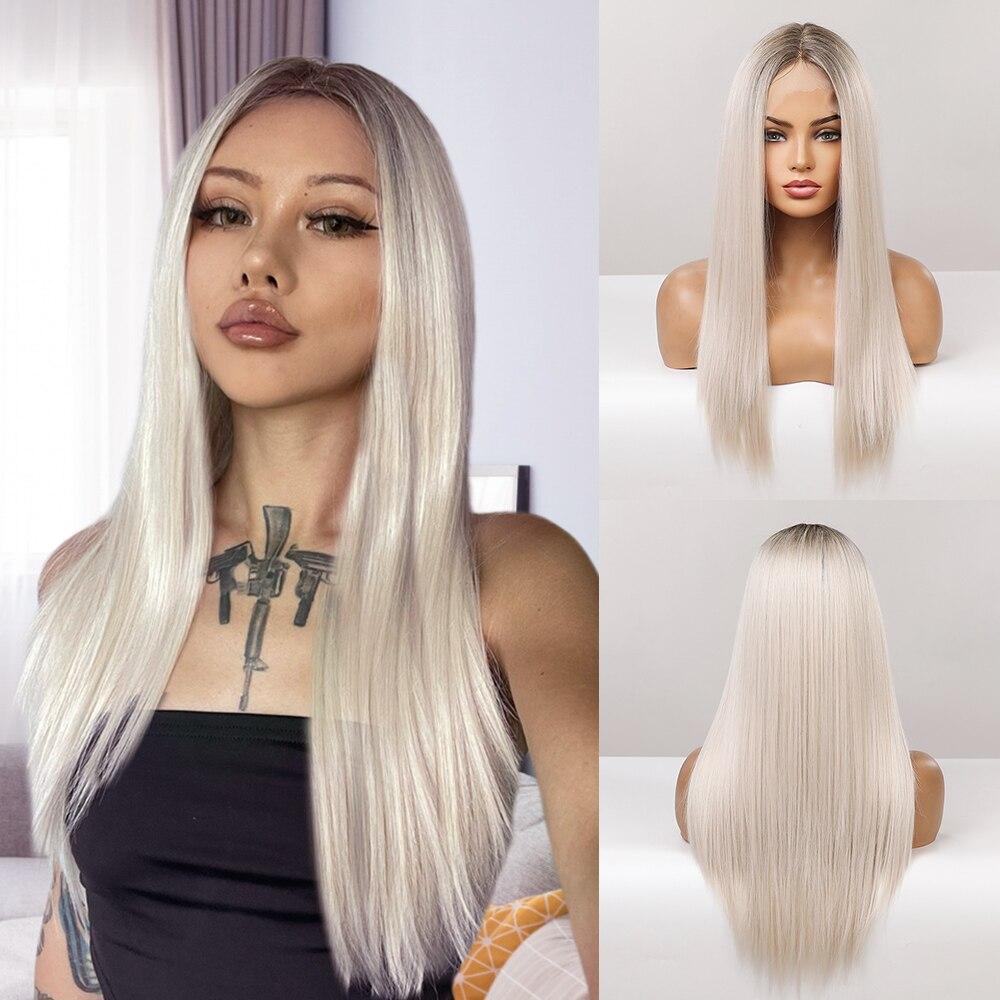 BLONDE UNICORN Long Ombre Blonde Straight Lace Part Synthetic Wigs for Women Daliy Hair Natural High Density Heat Resistant