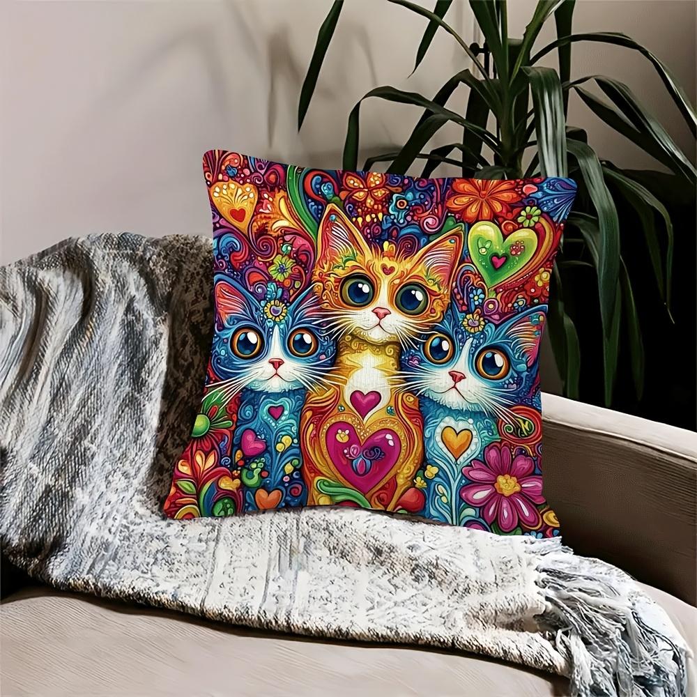 Colorful Abstract Cat Pillowcase, Trippy Psychedelic Art Cushion Cover, Rainbow Feline Decor for Living Room Bedroom Sofa