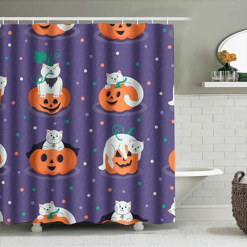

1Pccute Cat Pumpkin Halloween Shower Curtain For Bathroom Decor Funny Halloween Gift For Kids And Adults W60H190(CM)-1 Pcs