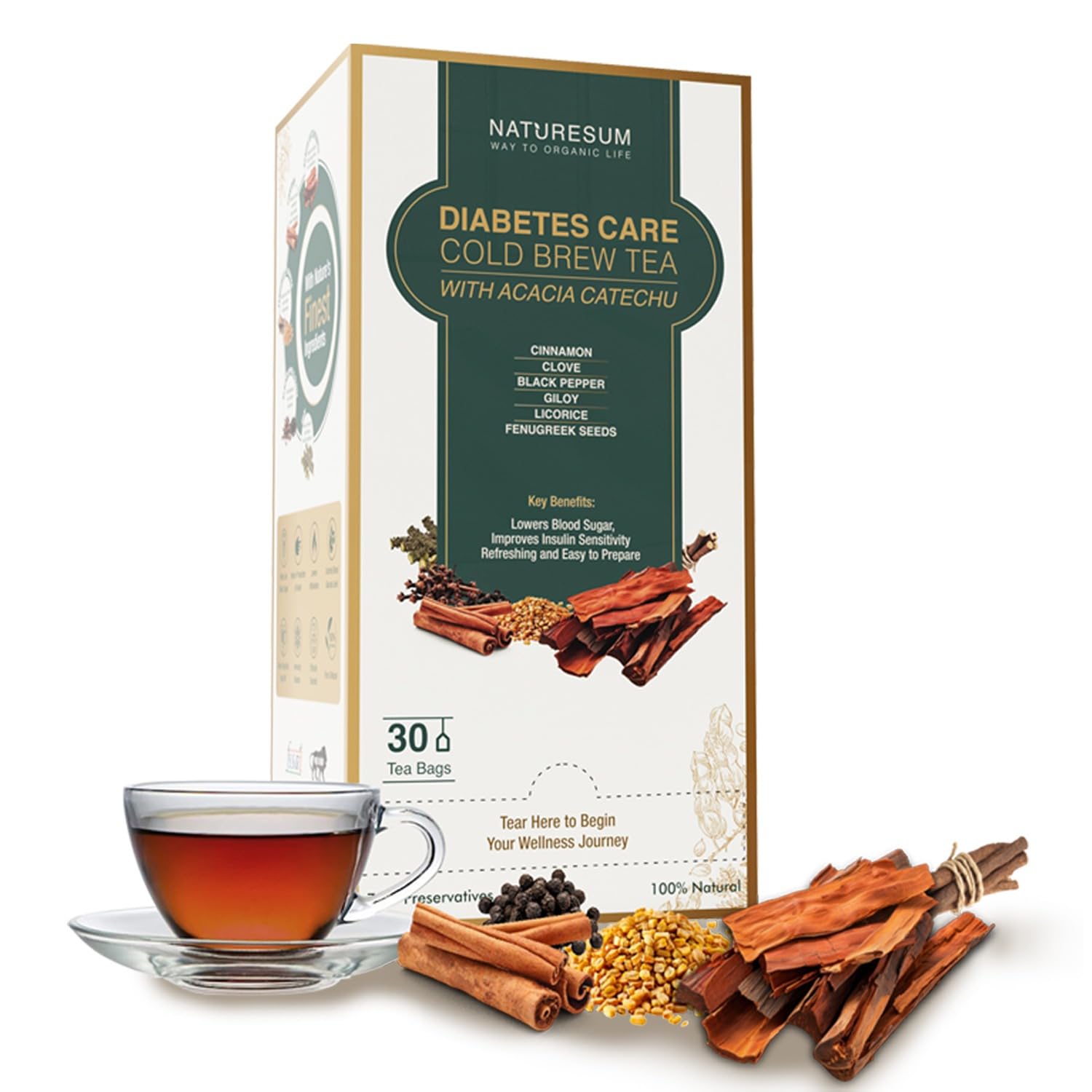 Naturesum Diabetic Care Tea for Diabetes Control, 30 Tea Bags, with Fenugreek (Methi Dana), Acacia Catechu & More, Insulin Resistant, Anti-I
