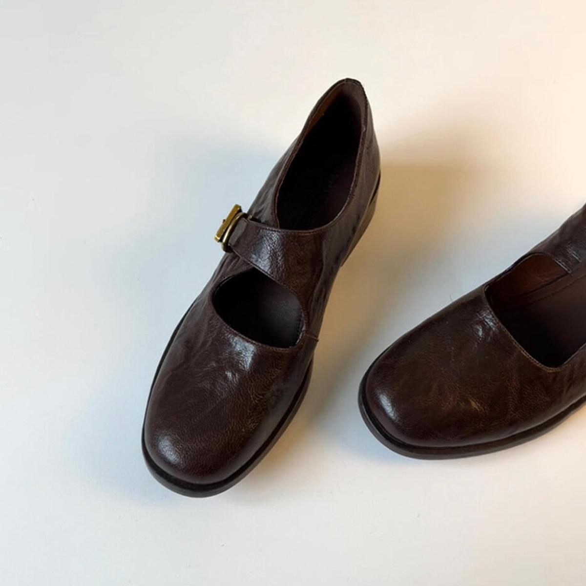 

Sheepskin version~ retro commuter Mary Jane shoes women s round head thick heel leather single shoes versatile one-word buckle belt small leather sho 40