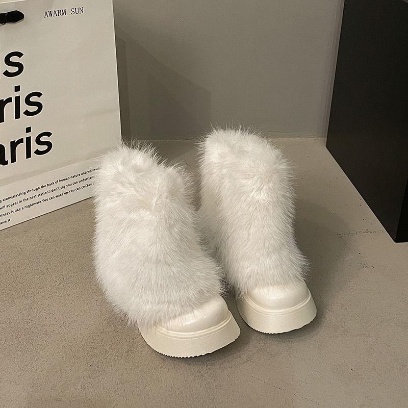 Hairy Shoes Women's Short Boots Fleece White Snow Boots Spring Platform Martin Boots