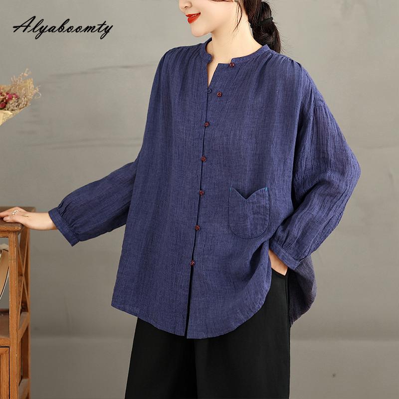 2026 New Spring Autumn Women Casual Loose Blouse O Neck Navy Blue Baggy Shirt Basic Ladies' Brief Oversized Cotton Korean Style Blouse