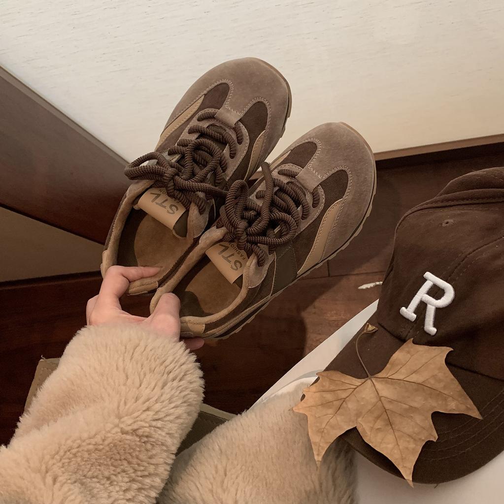 Grape mother studiolee~ 2025 nowe jesienno-zimowe buty sportowe treningowe na sznurówki z kontrastowymi kolorami, aksamitne, damski trend