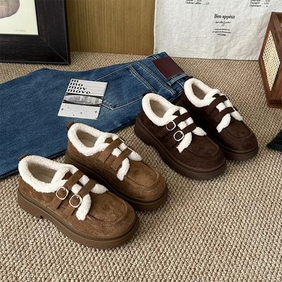 Winter New Retro Casual Platform Single Shoes Women's Leather Velvet Thermal Cotton Shoes One-pedal Shoes