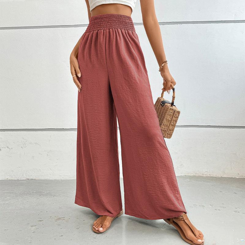 Summer High-waisted, Casual, Simple Solid-color Loose-fitting Wide-leg Pants with Elastic Waists