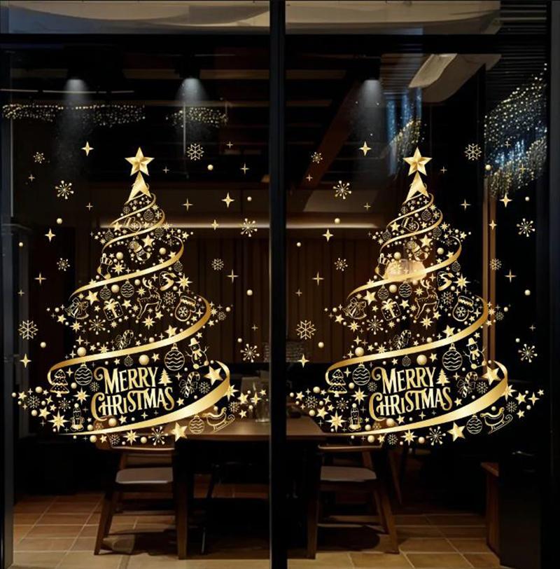 Golden Christmas Garland Window Stickers Christmas Tree Decorative Stickers Glass Sticker Shop Window Decor Christmas Decoration