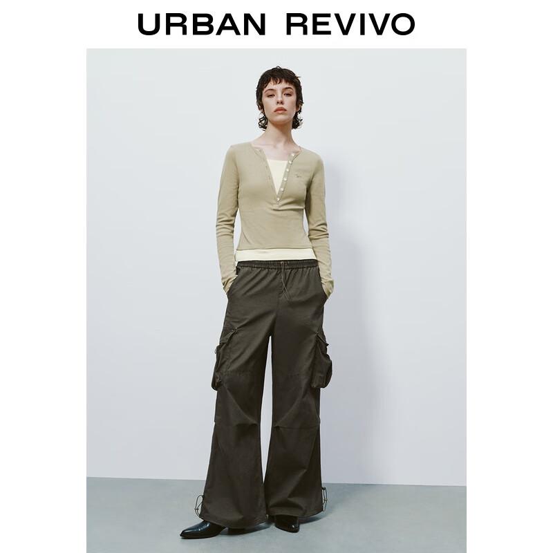 UR 2025 Women's Autumn Slim-Fit Faux Two-Piece Color-Block T-Shirt