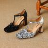 Krazing Pot Paillettenstoff Quadratische Zehenpartie Größe 41 High Heels Bling Glänzend Party Hochzeitsschuhe Herbst Schleife Pumps