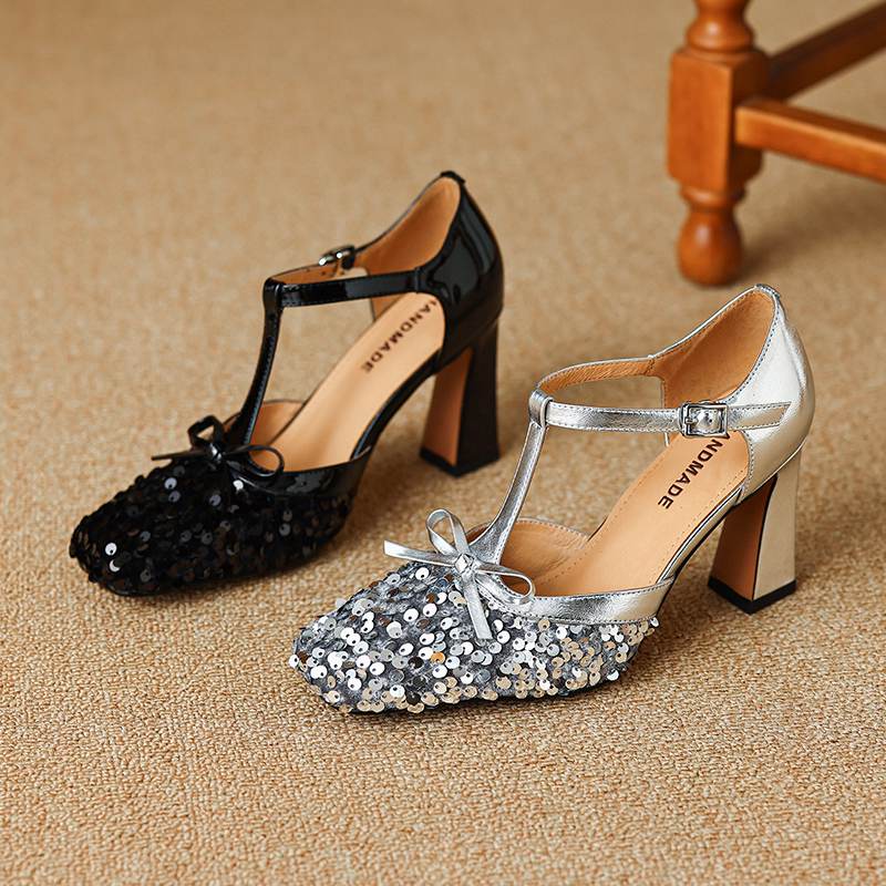 Krazing Pot Paillettenstoff Quadratische Zehenpartie Größe 41 High Heels Bling Glänzend Party Hochzeitsschuhe Herbst Schleife Pumps