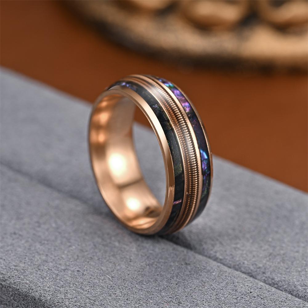 8mm Rose Gold Color Stainless Steel Guitar string Rings for Men Inlay Colorful Abalone Rings Wedding Band Jewelry Gifts