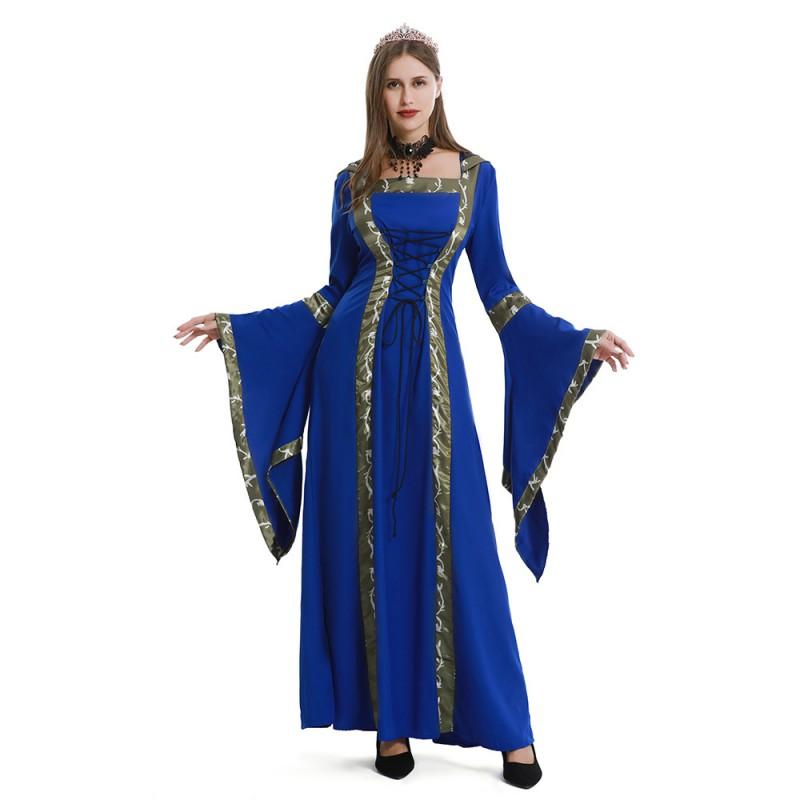 Medieval Gothic Hooded Dress With Square Neck Tie Front Flared Sleeve Full Skirt Costume Halloween Stage Performance