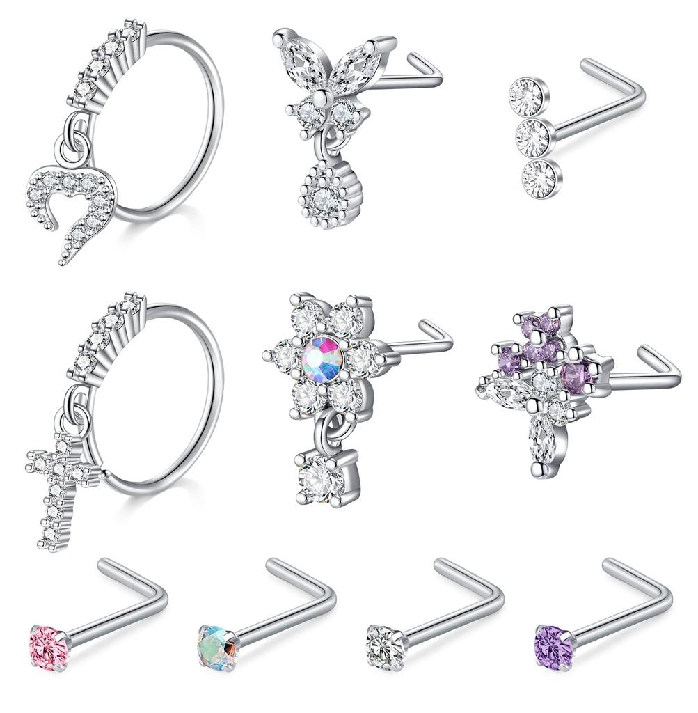 10Pcs Nose Rings Studs Surgical Steel 18 20G Nose Hoop Corkscrew L Shaped Nose Piercing Jewelry for Women