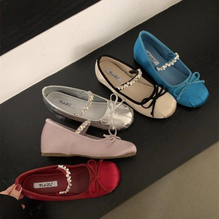 [Armano] French Rhinestone Word Belt Mary Jane Shoes Women's Ballet Shoes Spring and Summer with Skirt Single Shoes Women