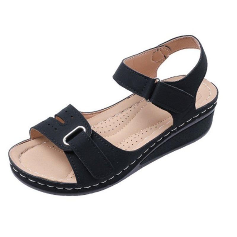 Frühling und Sommer neue y flacher Boden dicke Sohle Keilabsatz Sandalen Damen Übergröße hohle Klettverschluss-Sandalen