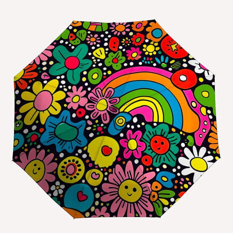 

1pc Flower, Rainbow Doodles Automatic Open/close Folding Umbrella, Compact Portable Travel Umbrella, Perfect Birthday/Christmas, Cute Umbrel