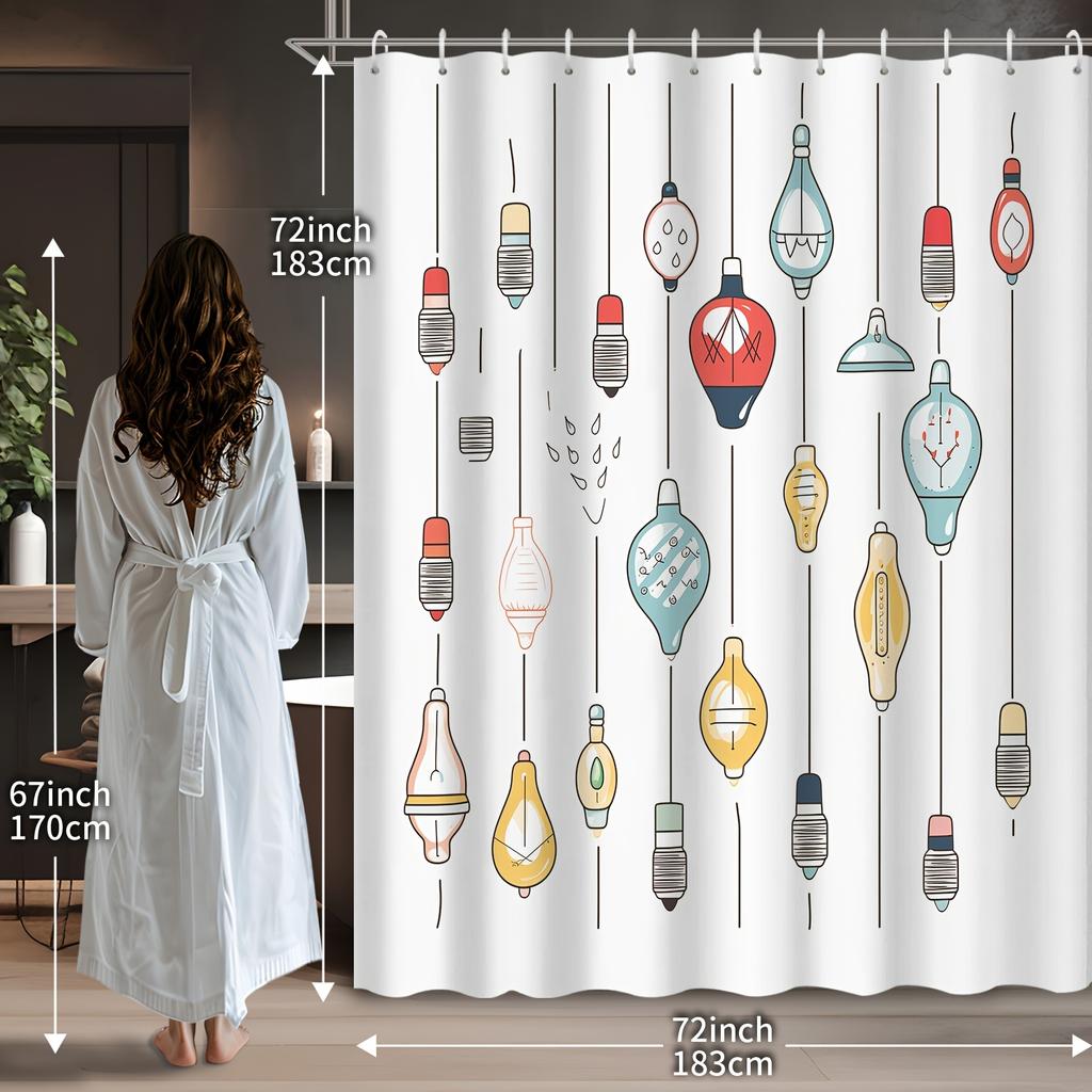1pc Cartoon Light Bulb Shower Curtain - Colorful Pendant Design, Polyester, 72x72", Bathroom Decor