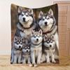 Cozy Husky Family Flannel Blanket – Soft & Warm Siberian Husky Print with Adorable Puppies, Perfect for Bedroom or Sofa Decor, All-Season Co