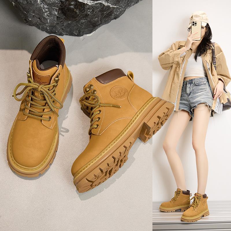 Leather Martin boots women's rhubarb boots platform tooling shoes 2025 new autumn and winter retro British style yellow short boots