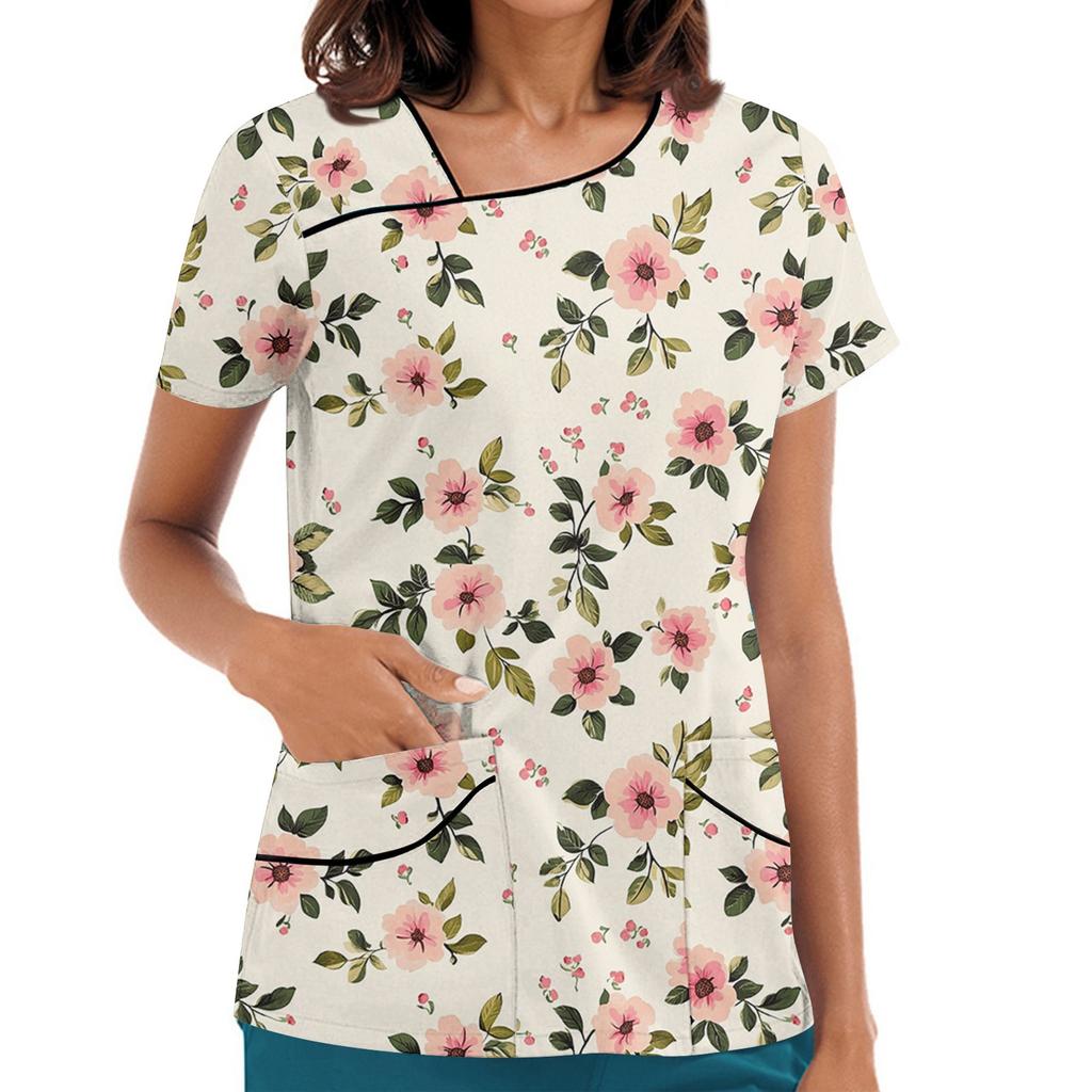 Dámské potištěné pracovní oblečení, šikmý límec a dvojité kapsy, základní top pulovr