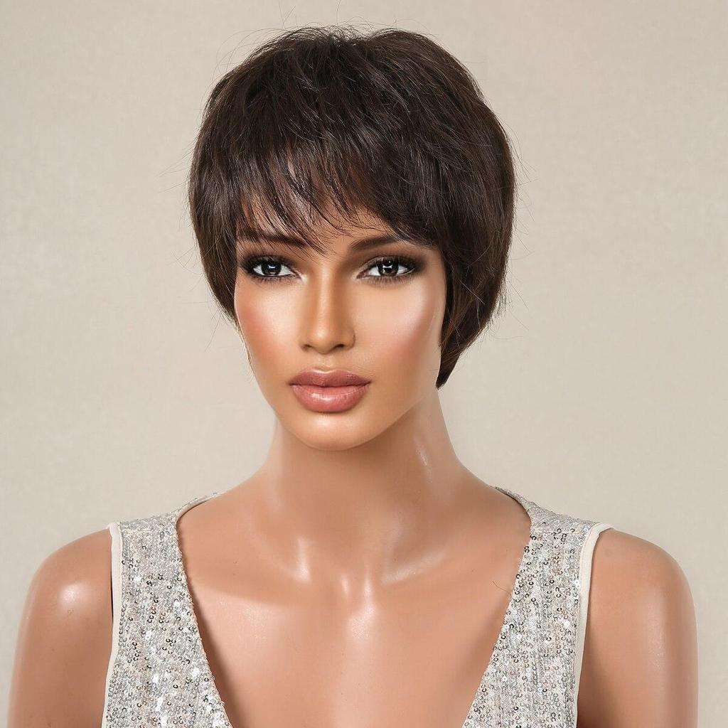 Kurze synthetische Perücken im Pixie-Schnitt, braun, natürlich, gerade, geschichtete Perücke für Frauen, Haarperücke für den täglichen Gebrauch, mit flauschigem Pony, hitzebeständig