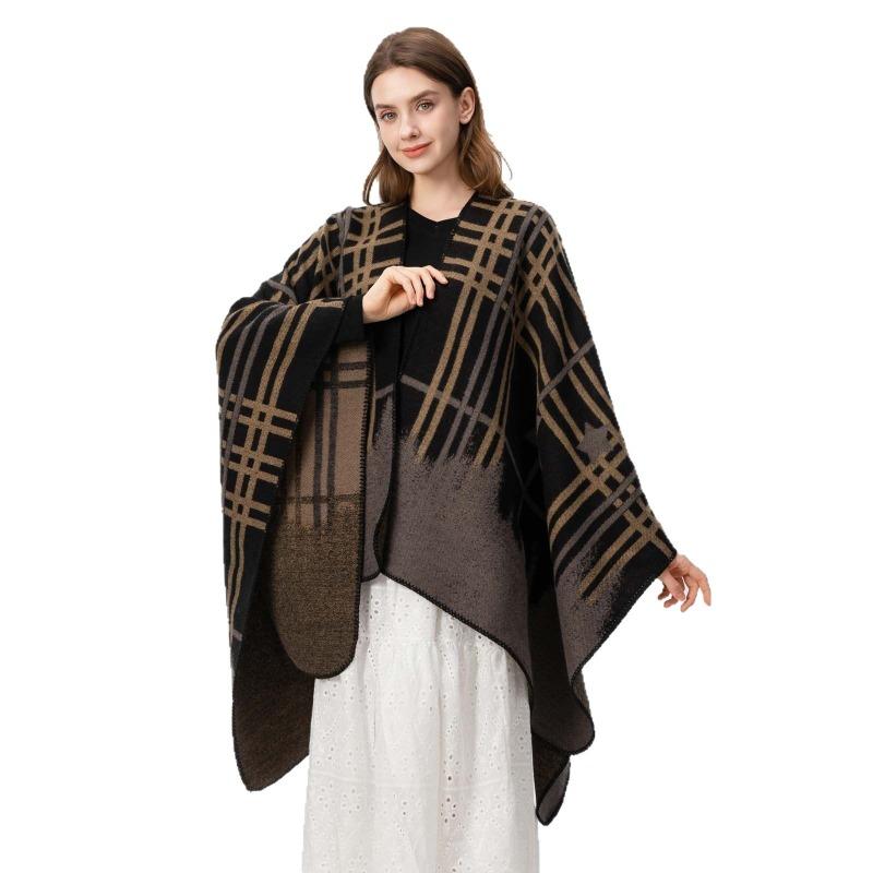 Ladies Autumn and Winter Scarf Shawl Warm Plus Plaid Five-pointed Star Jacquard Cardigan Cape Hwls